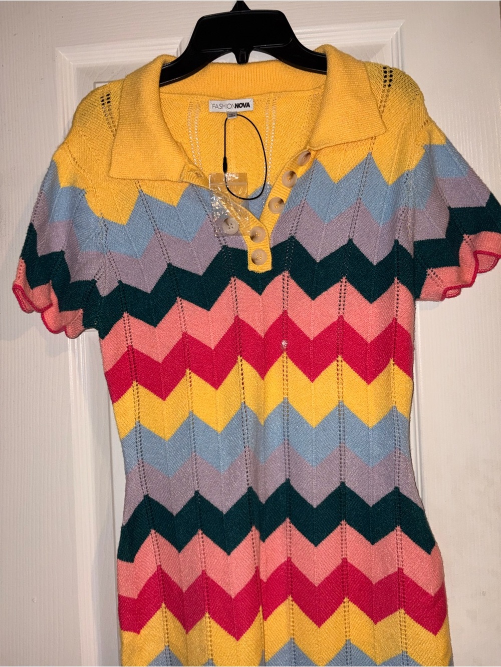Fashion Nova Yellow Collar Multicolor Chevron Knit Dress - Picture 3 of 4